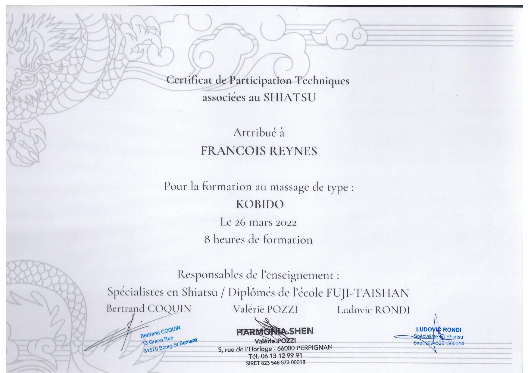 diplôme de pratiquant du massage style kobido